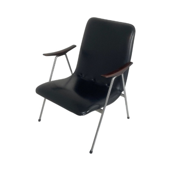 Image 1 of Lounge chair - Dutch, ca. 1960’s - Black skai, wooden armrests and a metal frame - Attr. To Teefelen