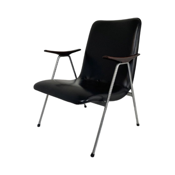 Image 1 of Lounge chair - Dutch, ca. 1960’s - Black skai, wooden armrests and a metal frame - Attr. To Teefelen