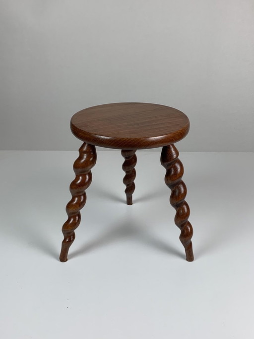 French Farm Stool with Cork Screw Legs, 1950s