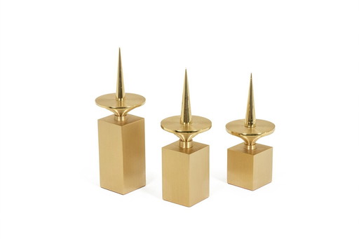 Set Of 3 Gilt Brass Candlesticks. Contemporary work.