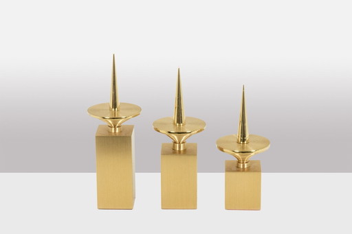 Set Of 3 Gilt Brass Candlesticks. Contemporary work.