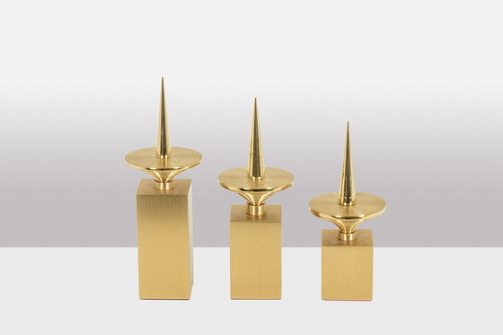 Image 1 of Set Of 3 Gilt Brass Candlesticks. Contemporary work.