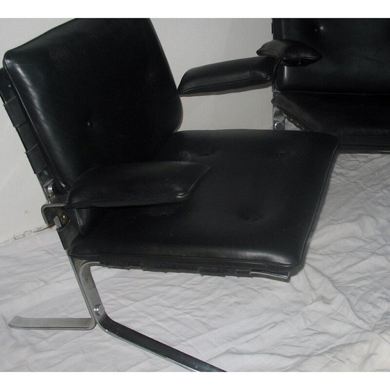 Image 1 of Pair of vintage "Joker" armchairs in chrome steel and black leather by Olivier Mourgue for Airborn, France 1970
