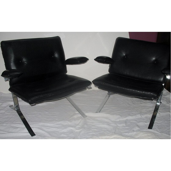 Image 1 of Pair of vintage "Joker" armchairs in chrome steel and black leather by Olivier Mourgue for Airborn, France 1970