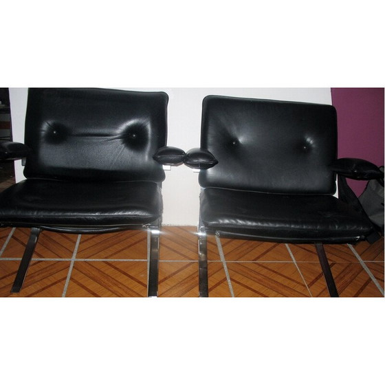Image 1 of Pair of vintage "Joker" armchairs in chrome steel and black leather by Olivier Mourgue for Airborn, France 1970