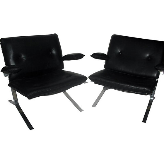 Image 1 of Pair of vintage "Joker" armchairs in chrome steel and black leather by Olivier Mourgue for Airborn, France 1970
