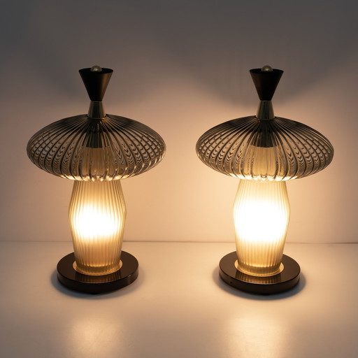 Pair Of Mushroom-Shaped Table Lamps Murano Glass And Brass Feng Shui Style