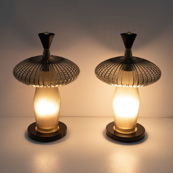 Image 1 of Pair Of Mushroom-Shaped Table Lamps Murano Glass And Brass Feng Shui Style