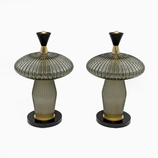 Pair Of Mushroom-Shaped Table Lamps Murano Glass And Brass Feng Shui Style