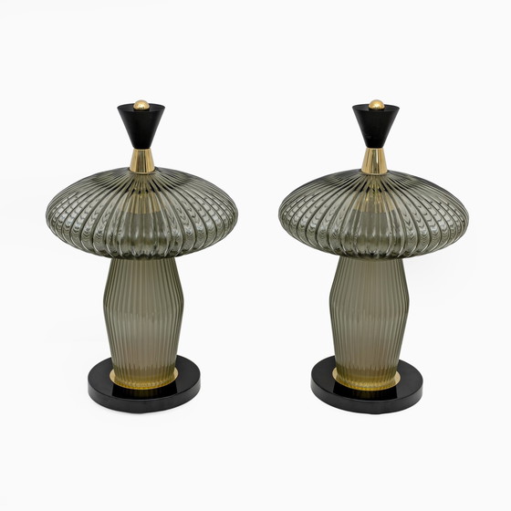 Image 1 of Pair Of Mushroom-Shaped Table Lamps Murano Glass And Brass Feng Shui Style