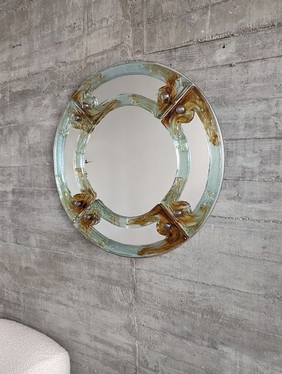 Image 1 of Venetian round mirror in amber murano glass by Mazzega 1960s