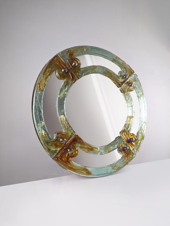 Image 1 of Venetian round mirror in amber murano glass by Mazzega 1960s