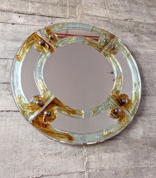 Venetian round mirror in amber murano glass by Mazzega 1960s