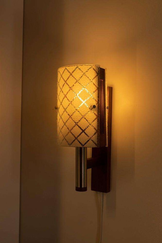 Image 1 of Vintage wall lamp 1960s, milk glass and teak bohemian