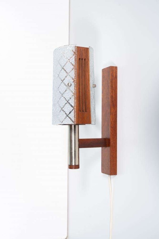 Image 1 of Vintage wall lamp 1960s, milk glass and teak bohemian