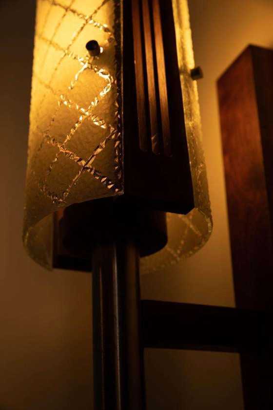 Image 1 of Vintage wall lamp 1960s, milk glass and teak bohemian