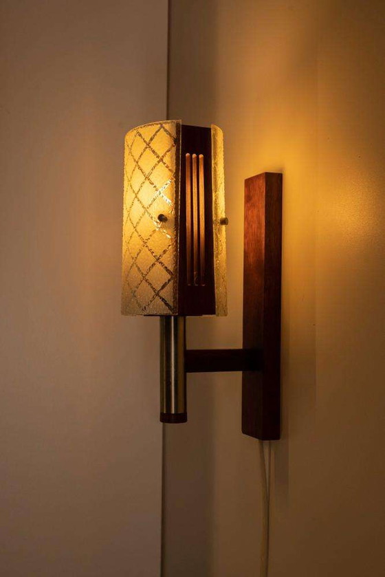 Image 1 of Vintage wall lamp 1960s, milk glass and teak bohemian