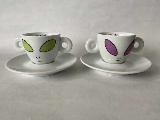 2 X Cup And Saucer Illy Art Collection David Byrne "Aliens"