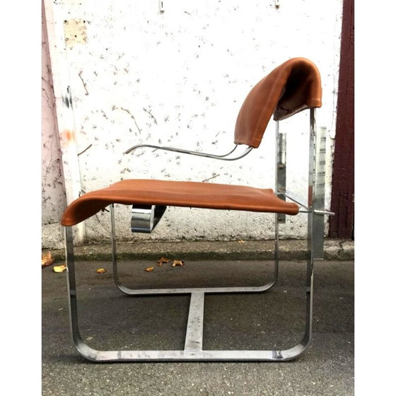 Image 1 of Pair of vintage cognac leather and chrome armchairs, Italy 1970
