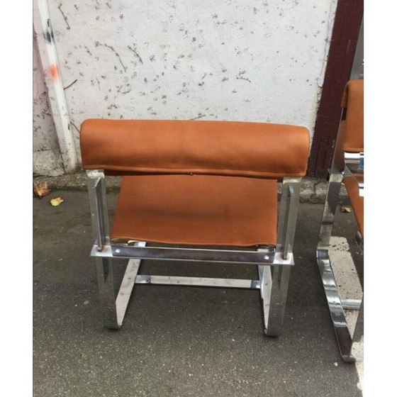 Image 1 of Pair of vintage cognac leather and chrome armchairs, Italy 1970