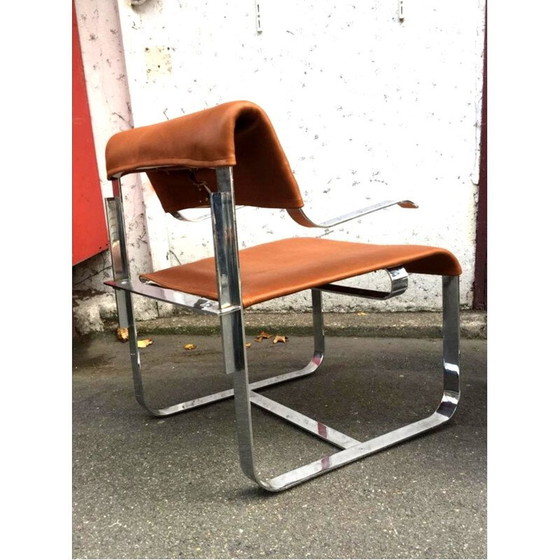 Image 1 of Pair of vintage cognac leather and chrome armchairs, Italy 1970
