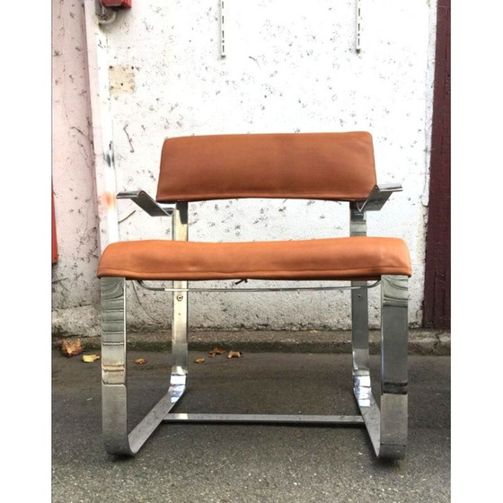 Image 1 of Pair of vintage cognac leather and chrome armchairs, Italy 1970