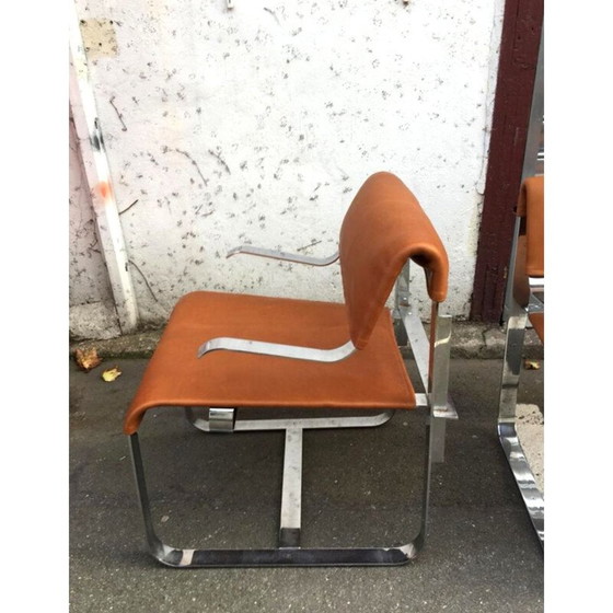 Image 1 of Pair of vintage cognac leather and chrome armchairs, Italy 1970