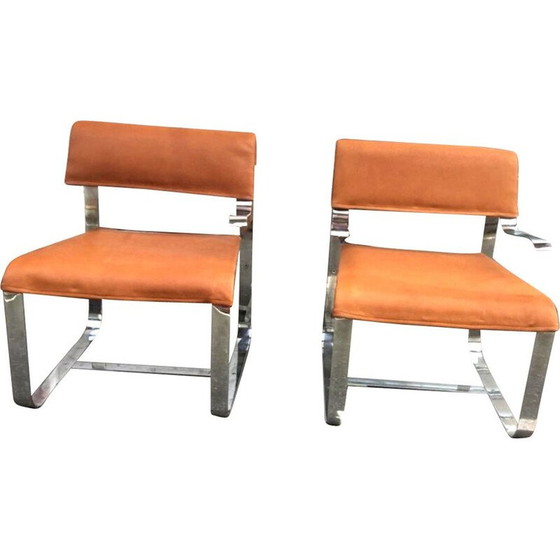 Image 1 of Pair of vintage cognac leather and chrome armchairs, Italy 1970