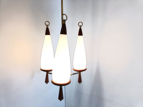 Image 1 of Vintage teak chandelier with white glass shades