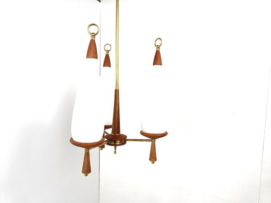 Image 1 of Vintage teak chandelier with white glass shades