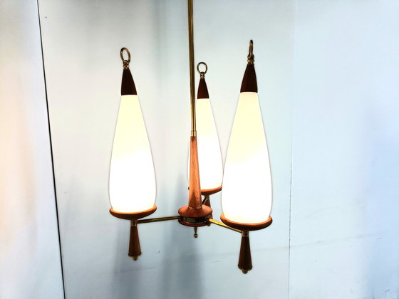 Image 1 of Vintage teak chandelier with white glass shades
