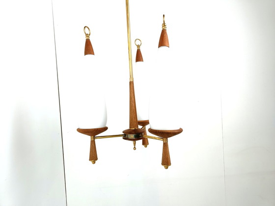Image 1 of Vintage teak chandelier with white glass shades