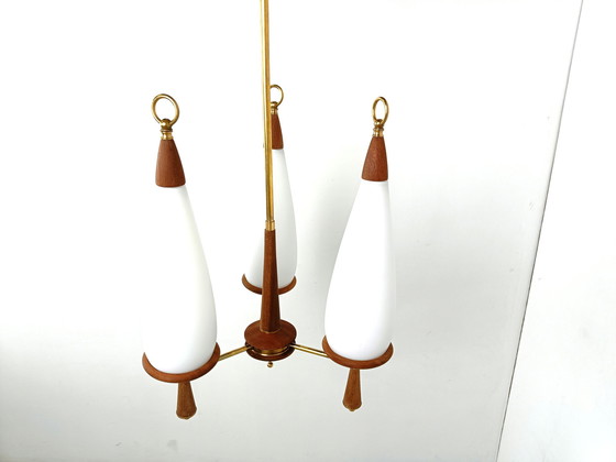 Image 1 of Vintage teak chandelier with white glass shades