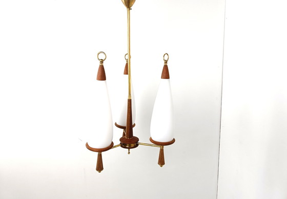 Image 1 of Vintage teak chandelier with white glass shades