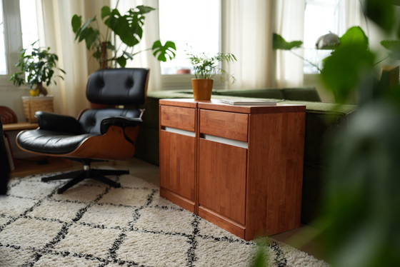 Image 1 of 2 Mid - Century Nightstands Warm Wood + Stainless Steel