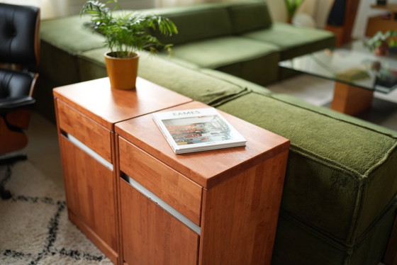 Image 1 of 2 Mid - Century Nightstands Warm Wood + Stainless Steel