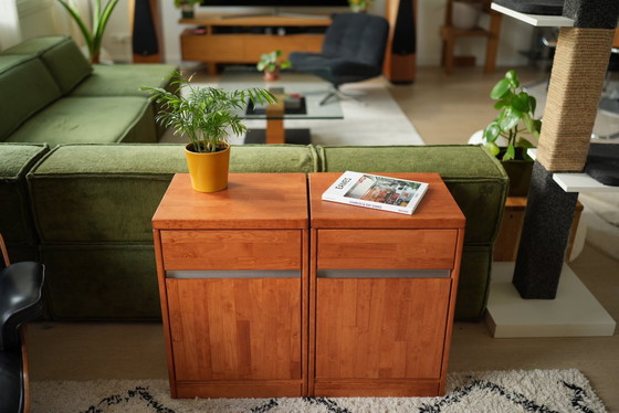 Image 1 of 2 Mid - Century Nightstands Warm Wood + Stainless Steel