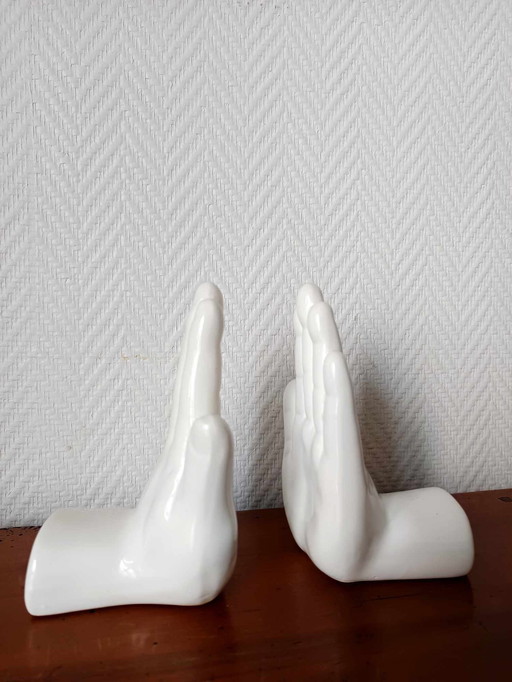 2X Ceramic Hand Bookends 1970