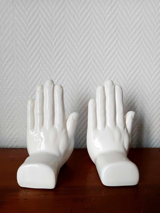 2X Ceramic Hand Bookends 1970