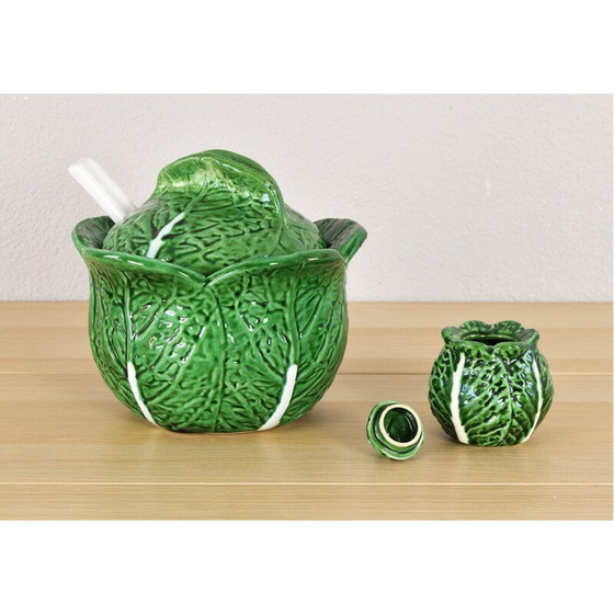 Image 1 of Vintage glazed ceramic cabbage leaf salt cellar by Bordallo Pinheiro, Portugal 1960