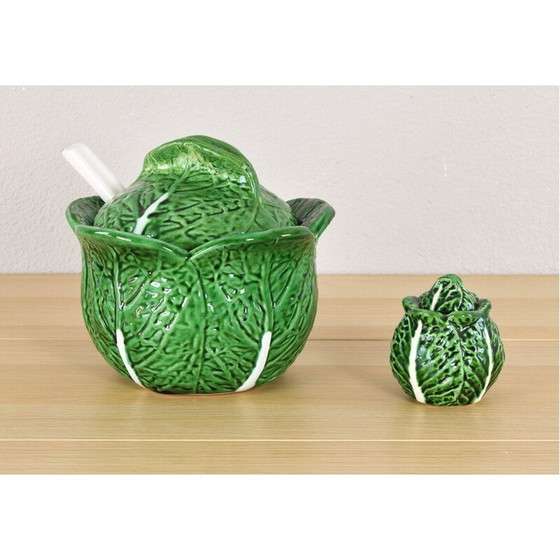 Image 1 of Vintage glazed ceramic cabbage leaf salt cellar by Bordallo Pinheiro, Portugal 1960