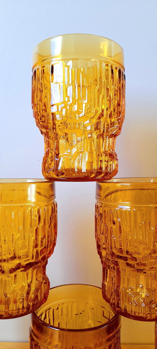 Set Of 6 Amber Glasses 1970