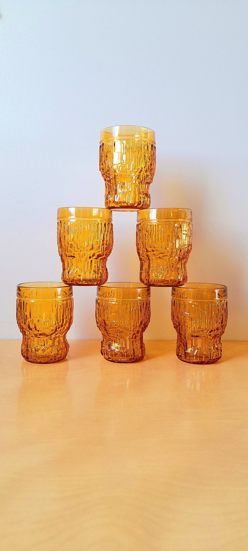 Set Of 6 Amber Glasses 1970