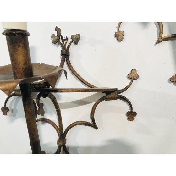 Image 1 of Pair of vintage gilt metal wall lamps with cloverleaf design, 1950