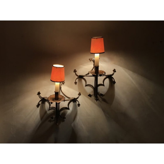 Image 1 of Pair of vintage gilt metal wall lamps with cloverleaf design, 1950