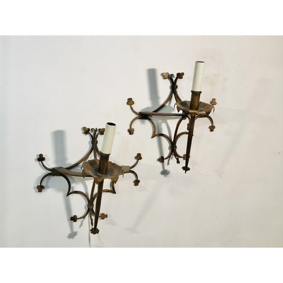 Image 1 of Pair of vintage gilt metal wall lamps with cloverleaf design, 1950
