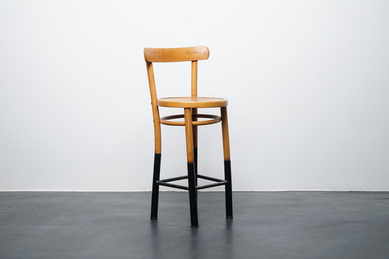 Image 1 of Industrial stool made of wood & metal with backrest