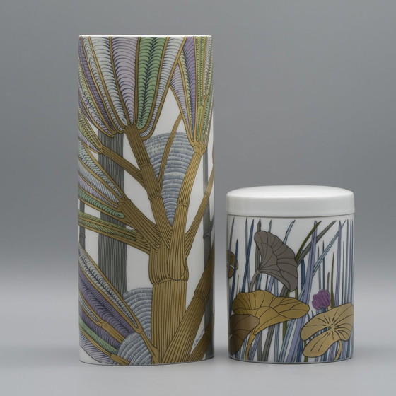 Image 1 of Alain Le Foll × Rosenthal Studio-Line Porcelain Vase Duo Gold Floral Tropical 