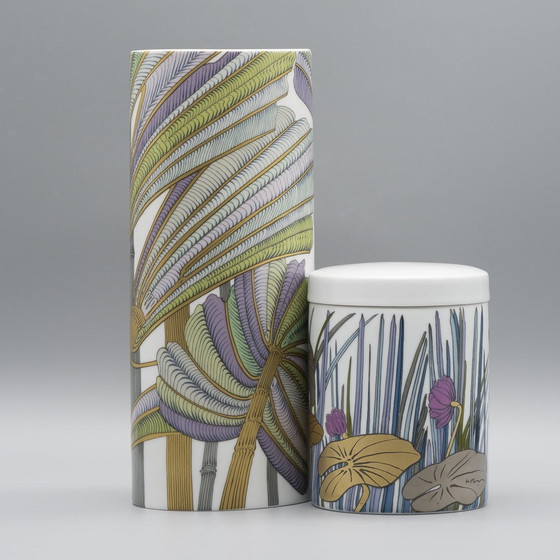 Image 1 of Alain Le Foll × Rosenthal Studio-Line Porcelain Vase Duo Gold Floral Tropical 