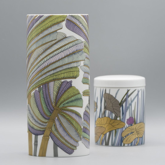 Image 1 of Alain Le Foll × Rosenthal Studio-Line Porcelain Vase Duo Gold Floral Tropical 